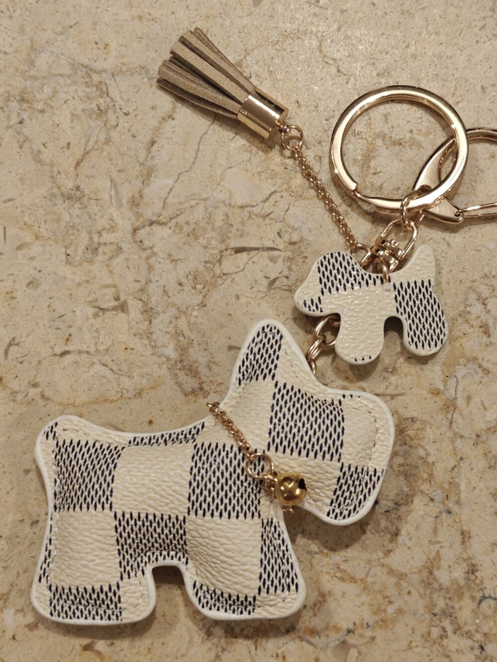 Cream and Navy Check Dog Keychain with Gold Hardware
